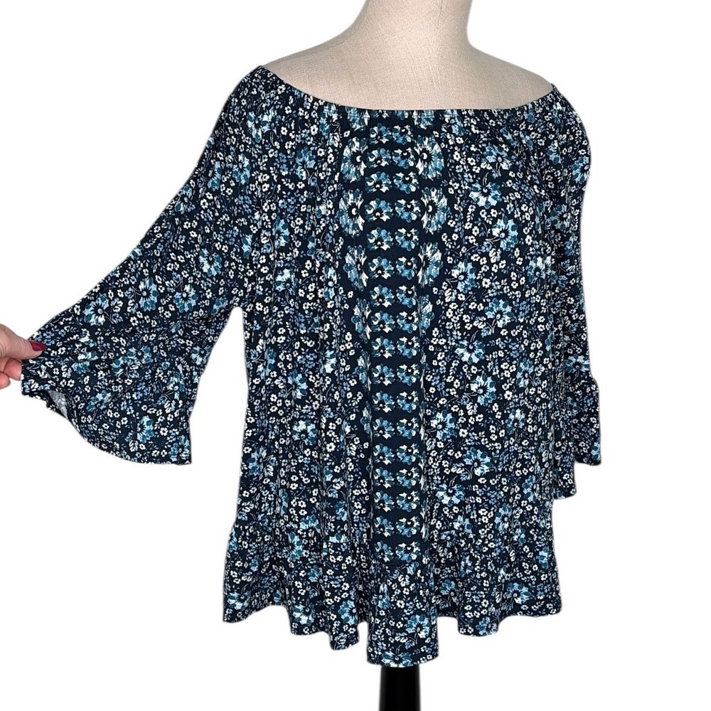 Style&Co Off The Shoulder Blouse XL Navy Blue Floral Bell Sleeve Ruffle Hem Boho